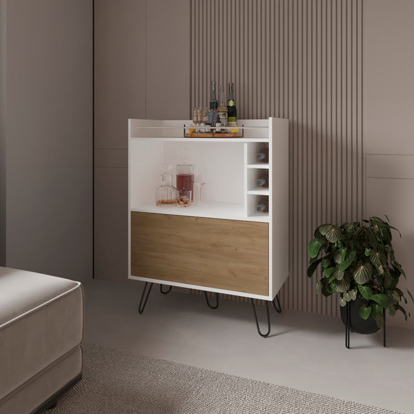English Elm Platea Sleek Bar Cabinet with Wine Rack and Hairpin Legs, White & Macadamia Engineered Wood Storage B092P286110