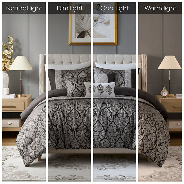 JLA Home Madison Park - 6 Piece Jacquard Comforter Set with Embroidered Mink Accents, Hypoallergenic, Damask Elegance Black MP10-8407