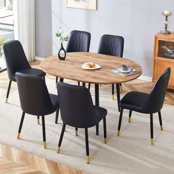 English Elm Table Modern Extendable Dining Set With 6 Comfortable Pu Chairs & Sturdy Metal Legs For Gatherings W1151S03935-GIGA