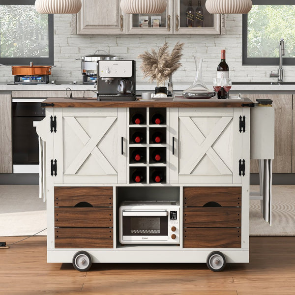 English Elm K&K 54" Farmhouse Kitchen Island Cart with Drop Leaf, Wine Rack, Power Outlet and Rolling Storage White N707P349814W