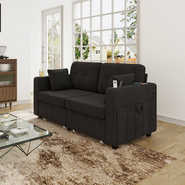 English Elm Sofas for Living Room Chenille Three Seat Couch with Usb Charging Storage and Cup Holder Black W395S00144