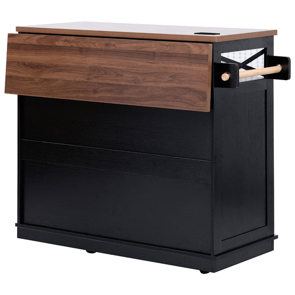 English Elm K&K 46.5'' Farmhouse Kitchen Island Cart with Beaded Drapes, Drop Leaf, Power Hub, Ample Storage Black N707P254872B
