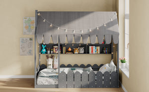 English Elm {slats Are Not Included} Twin Montessori House Floor Bed Kids Tent Lights Shelves Pinewood Frame Gray N708P407962E