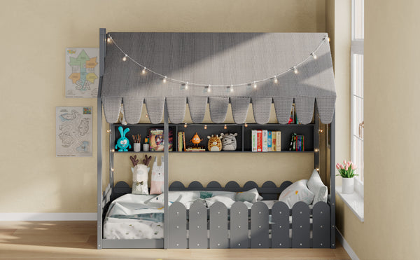 English Elm {slats Are Not Included} Twin Montessori House Floor Bed Kids Tent Lights Shelves Pinewood Frame Gray N708P407962E