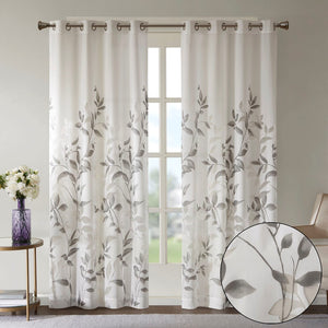 English Elm Burnout Botanical Curtain Panel Set – 2 Elegant Grey Panels With Silver Grommets For Light Filtering B035129675