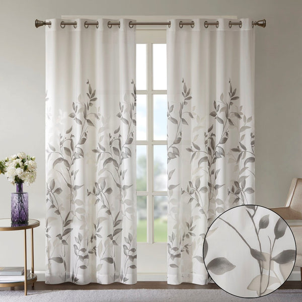 English Elm Burnout Botanical Curtain Panel Set – 2 Elegant Grey Panels With Silver Grommets For Light Filtering B035129675