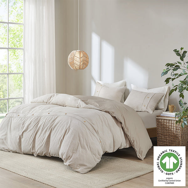 English Elm 3 Piece Organic Cotton Oversized Duvet Cover Set with Button Placket, Antimicrobial Protection, Full/Queen Natural 10.24 L x 12.2 W x 6.69 H B035129095