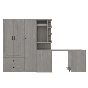 English Elm Multifunctional Wardrobe Cabinet with Fold Out Desk Hanging Rod and Storage Drawers Gray W1580S00476