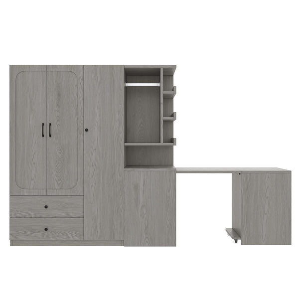 English Elm Multifunctional Wardrobe Cabinet with Fold Out Desk Hanging Rod and Storage Drawers Gray W1580S00476