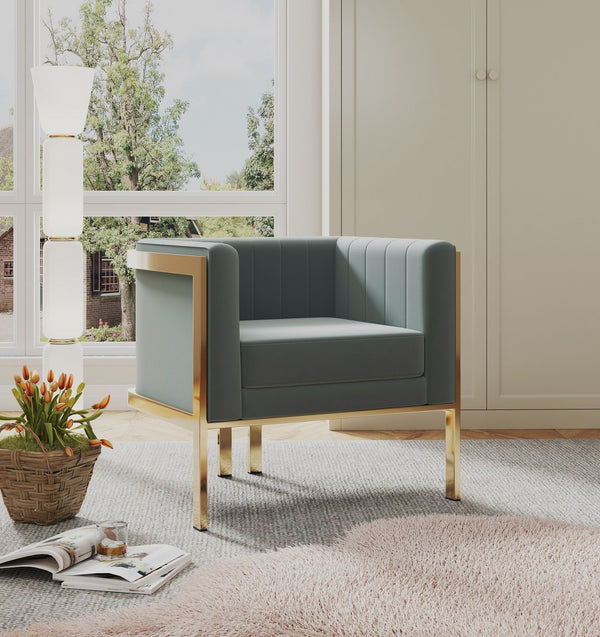 English Elm Paramount Velvet Lounge Chair with Polished Brass Stainless Steel Frame, Plush High-Density Comfort Warm Grey B365P397974