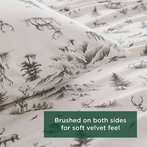 English Elm 4 Pcs Queen Sheet Set - Cozy Gray Deer Toile Cotton Flannel For Rustic Elegance & Comfort B035P319773