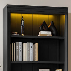 English Elm 83.4" Tall Wood Bookcase with LED Light Strip, 5-Tier Adjustable Shelves, Cable Hole, Modern Black Storage Organizer N751S246934B