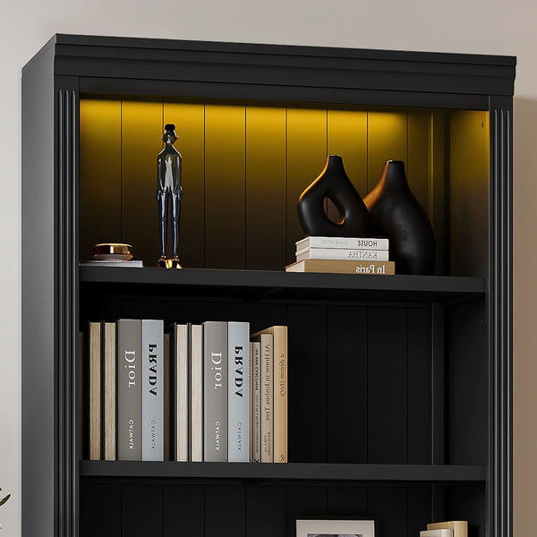 English Elm 83.4" Tall Wood Bookcase with LED Light Strip, 5-Tier Adjustable Shelves, Cable Hole, Modern Black Storage Organizer N751S246934B
