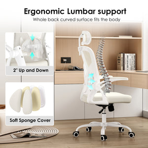 English Elm Ergonomic High Back Mesh Desk Chair with Flip up Arms and Adjustable Lumbar Support Beige,White T3623P434264