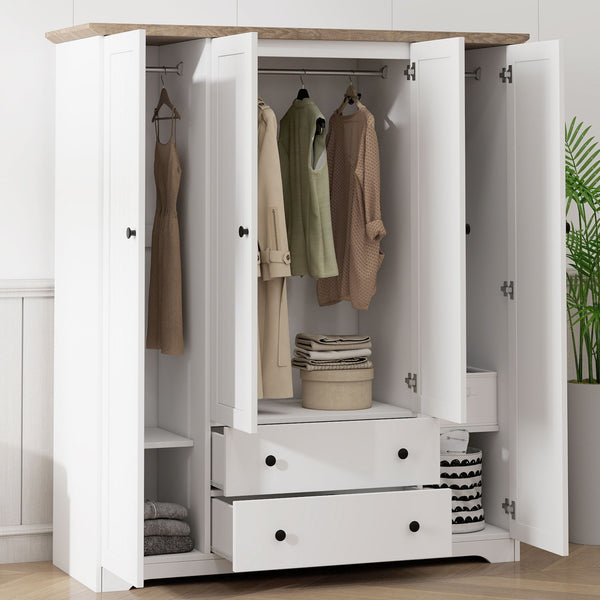 English Elm 4 Door Wardrobe Armoire Closet with 2 Drawers Rustic Pine & MDF Storage Cabinet with Shelves and Hanging Space White N7090001842K