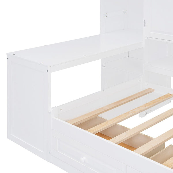 English Elm Twin Size Daybed With Storage Drawers, Desk & Shelves - Stylish Space-Saving Furniture In White N820S00054K-GIGA