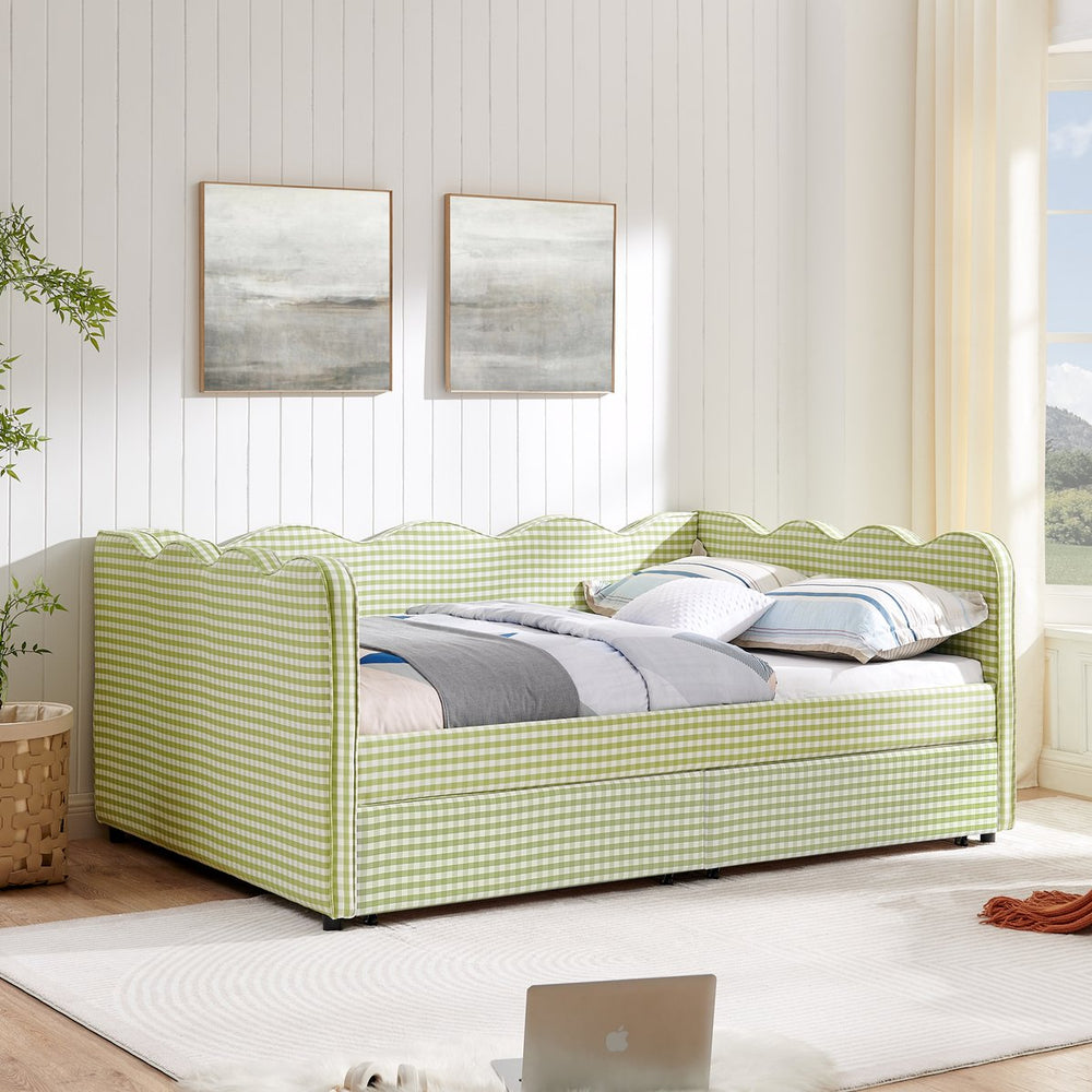 English Elm Full Size Gingham Linen Daybed with Wave Backrest Trundle and Usb Charging Port Green W1413S00147