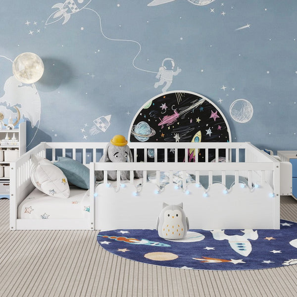 English Elm Full Montessori floor bed offering high rails, built-in light and shelf for safe independent sleep and storage White 79.13 L x 13 W x 6.3 H W2593P333586