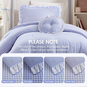 English Elm 3-piece Cottage Gingham Comforter Set with Ruffle Trim and Round Throw Pillow Blue B035P463185