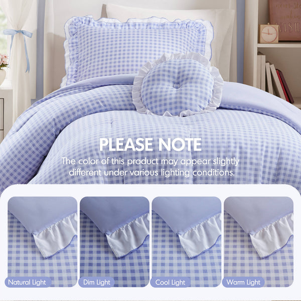 English Elm 3-piece Cottage Gingham Comforter Set with Ruffle Trim and Round Throw Pillow Blue B035P463185