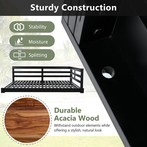 English Elm TOPMAX Acacia Wood Porch Swing Bed with 96" Hemp Ropes, Open-Side Minimalist Patio Lounger, 350lb Capacity Black N717P265860B