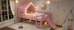 English Elm Twin Playhouse Loft Bed Solid Pine Frame with Slide Led Lights and Star Roof Pink W5316S00003