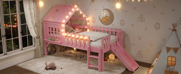 English Elm Twin Playhouse Loft Bed Solid Pine Frame with Slide Led Lights and Star Roof Pink W5316S00003