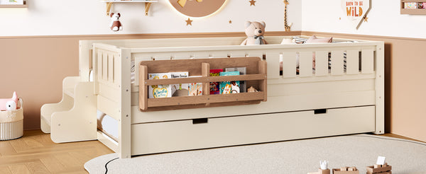 English Elm Twin Kids Platform Bed with Trundle Staircase Bookshelf and Rounded Safety Rails Beige W1580S00556