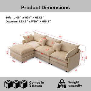 English Elm 105" L-shaped Chenille Sectional with Ottoman Pocket Spring Living Room Sofa Light Coffee W1097S00226