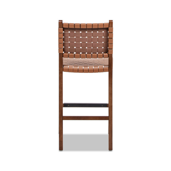 English Elm Jennifer Taylor Home - Andre Woven Leather Counter Stool 26" with Back in Pecan Brown Faux Leather, Rubberwood Frame & Brass Kickplate B2719P292909