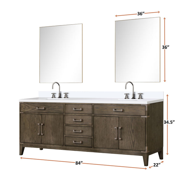 English Elm Grey Oak Double Bath Vanity Set With White Quartz Top, Faucets, And 36" Mirrors For Stylish Bathrooms B2731S01885