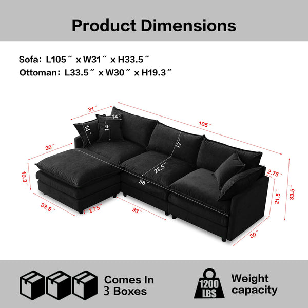 English Elm 105" L-shaped Chenille Sectional with Ottoman Pocket Spring Living Room Sofa Black W1097S00229