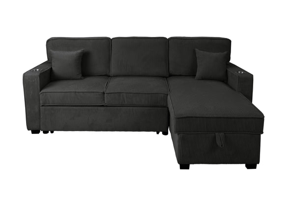 English Elm Contemporary Black Corduroy Sectional with Usb Charging Storage Chaise Sleeper Sofa B011S02176