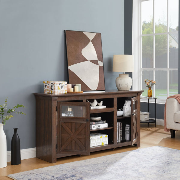 English Elm 2 Door Farmhouse Media Console with Glass Cabinet Panels and Open Shelving for Living Rooms W2275P389693