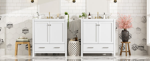 English Elm Modern 48 Inch Freestanding Bathroom Vanity Dual Ceramic Sinks Soft Close Gold Handles White N729P000001K