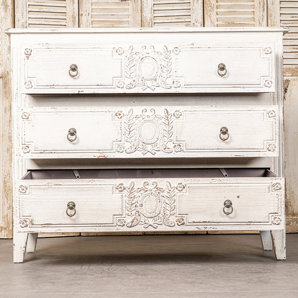 English Elm 24QJ0028 Antique Cream Wood & Metal Chest with 3 Drawers, Distressed Finish, Brown Interior, 48" L W2946P243866