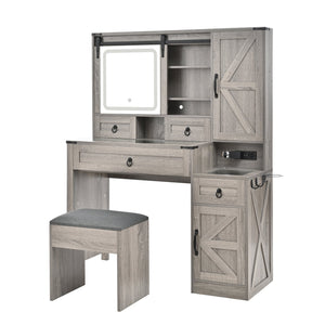 English Elm Farmhouse LED Vanity Desk with Sliding Mirror, Glass Top Storage, Built-In Charging Station & Stool Gray 37 L x 18.5 W x 13 H N733P340562G