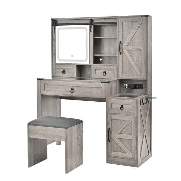 English Elm Farmhouse LED Vanity Desk with Sliding Mirror, Glass Top Storage, Built-In Charging Station & Stool Gray 37 L x 18.5 W x 13 H N733P340562G