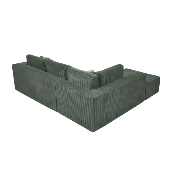 English Elm Full Corduroy Upholstered L-shaped Sectional with Moveable Ottoman Ready to Use Dark Green B2748S00051