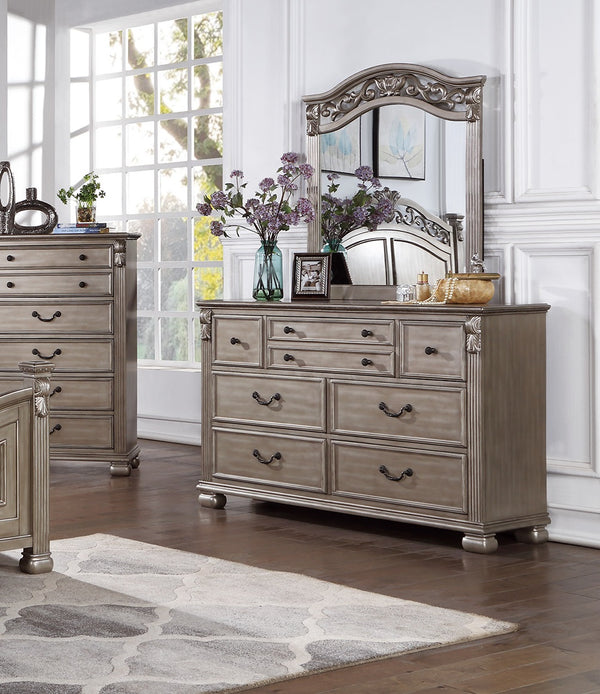 English Elm Antique Silver Wooden Dresser and Mirror Set, 59" Dresser with 37" Mirror, Pine Blend Craftsmanship B011S01975