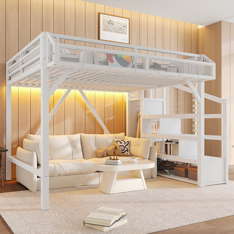 English Elm Full Xl Over Twin Triple Metal Bunk Bed with Storage Stairs and Shelves Black W1580S00414