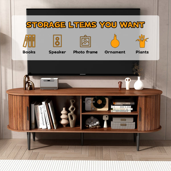 English Elm Tv Stand, 55" Walnut Mid-Century Modern Console With Storage, Sliding Door & Stylish Design For Home W2641P329198-GIGA