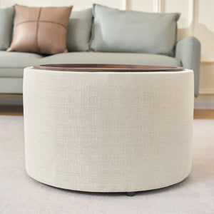 English Elm Ball Cast Round Nesting Ottoman Set Linen Upholstered Hidden Storage with Wooden Tray Beige W3163P379373