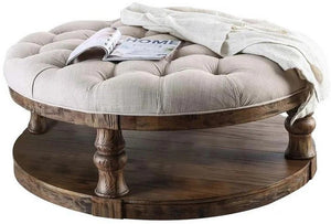 English Elm Rustic Round Wooden Coffee Table 48" Dia x 20" H with Weathered Finish, Turned Legs, Open Shelf and Button-Tufted Beige Linen Top Antique Dark Oak 51 L x 51 W x 13 H B2741P357496