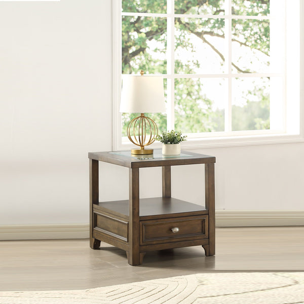 English Elm Modern Birch Veneer End Table with Glass Top Drawer and Open Shelf for Living Rooms B011P460074