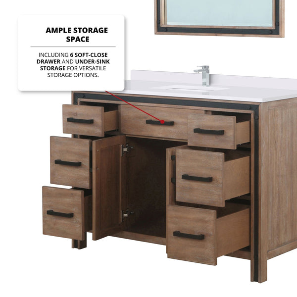 English Elm Rustic Barnwood 48" Bath Vanity with White Quartz Top, Chrome Faucet, 34" Mirror, Scratch-Resist Durable B2731S01347