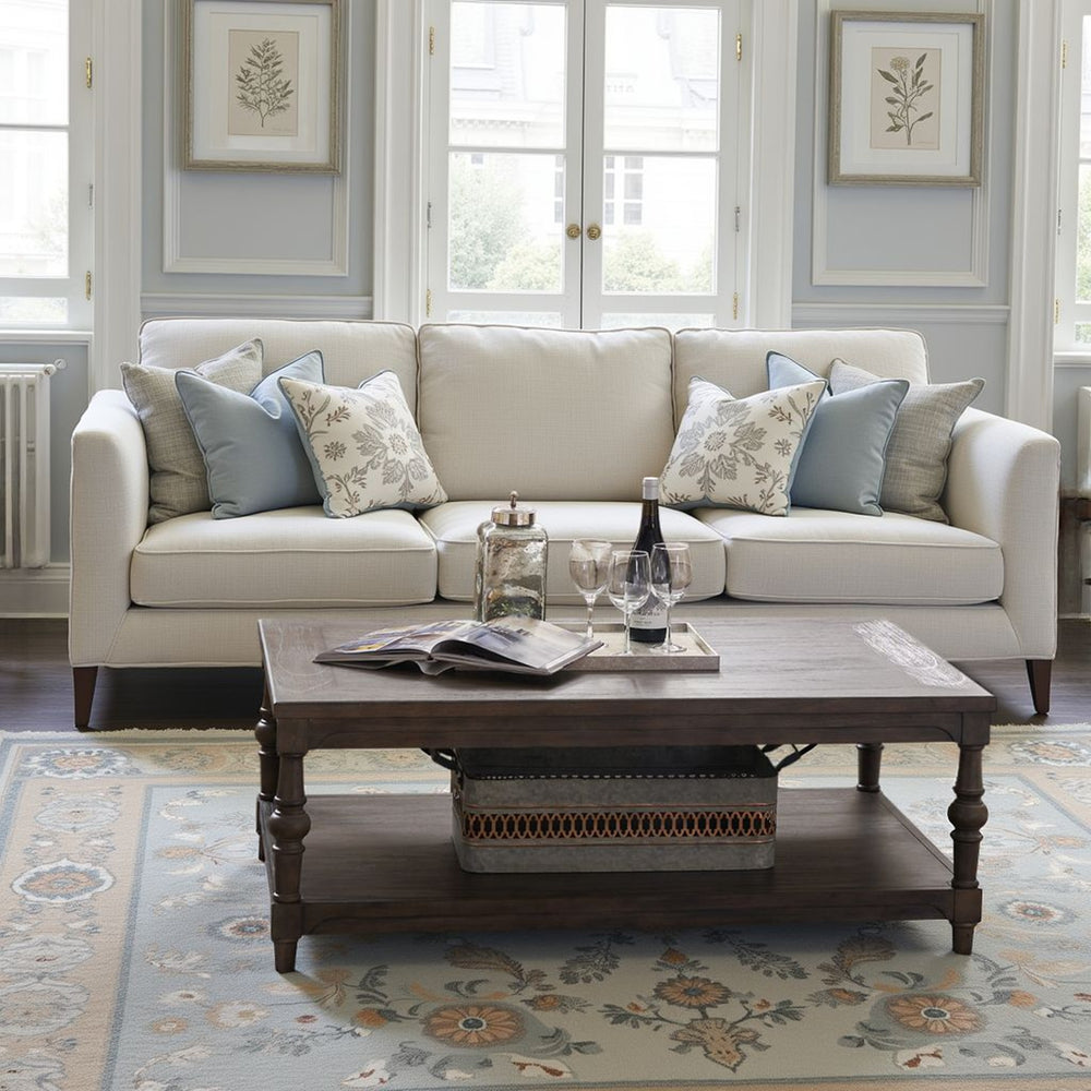 English Elm Middleton Rectangular Wood Coffee Table with Lower Shelf Traditional Turned Leg Design B108P468542