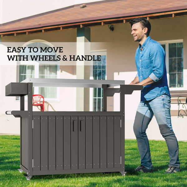 English Elm Convenient Outdoor Rolling Bar Cart with Stainless Steel Top and Hdpe Weather-proof Frame Dark Gray,Silver T3971P425238
