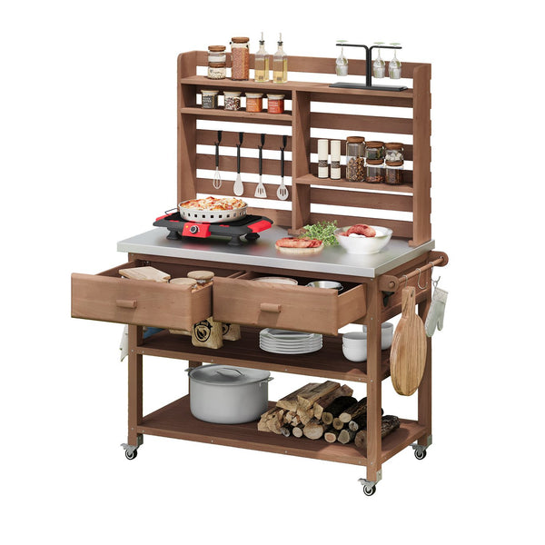English Elm K&K 64.9" Outdoor Potting Bench with 1.2" Stainless Steel Top, Lockable Wheels, Hutch & Drawers Brown N707P228274Z