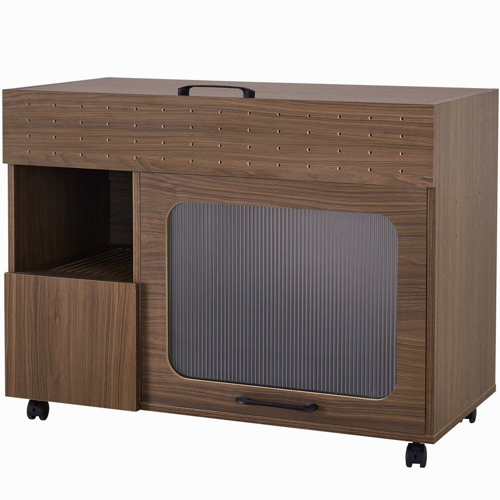 English Elm 2 IN 1 Multi-use Cat Litter Box Enclosure Walnut Side Table with Storage, Mid-Century Modern Buffet Cabinet, Flip-Up Door, Rollers, Large Capacity — 35.5"L x16.3"W x27.2"H N843P254845W